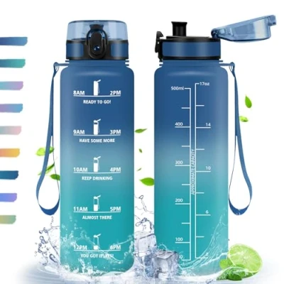 Abbildung von Trinkflasche, 500ml, Trinkflasche Sport, mit Zeitmarkierung, Filter, Auslaufsichere BPA Frei, Wasserflasche für Fitness, Yoga, Schule, Büro