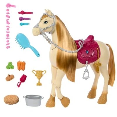 Abbildung von Barbie Spielzeugpferd mit Geräuschen, Musik und Zubehör, inspiriert von Mysteries: Das geheimnisvolle Pferdeabenteuer“ Pferd kann sich bewegen, tanzen den Augen blinzeln, HXJ42