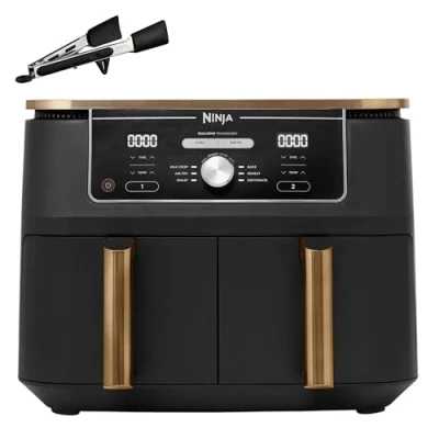 Abbildung von Ninja Foodi MAX Dual Zone Heißluftfritteuse, 9,5L Airfryer, 2 Fächer, mit Zange, Antihaftbeschichtung, spülmaschinenfeste Körbe, 6 in 1, Amazon Exklusiv, Kupfer/Schwarz, AF400EUCP