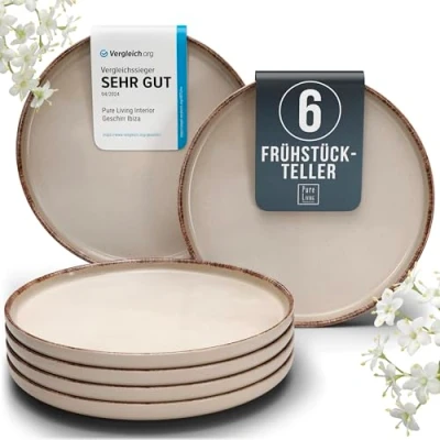 Abbildung von Steingut Frühstücksteller 6 Pers. Rustic Hochwertiges Landhausstil TEST SEHR GUT Dessertteller Set Kuchenteller spülmaschinen und kratzfest Kleine Teller, Salatteller Pure Living in Beige