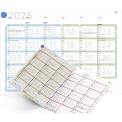 Abbildung von weekview Tafelkalender 2025 KW optimiert A4 &quot;farbig&quot;, Tafelplaner mit Feiertagen, Jahresübersicht, Jahreskalender, Wandkalender DIN 12 Monate klarer Kalenderwoche (blau, grün, gold, purple)