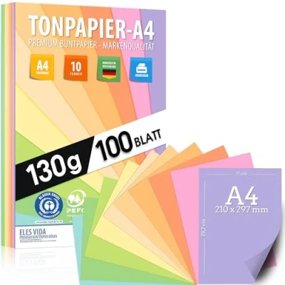 Abbildung von Pastell Tonzeichenpapier DIN A4 100 Blatt 130g 10 Farben Festes Papier Farbige Blätter für Schule, Kinder &amp; DIY, Bastel, Pastellfarben BLAUER ENGEL zertifiziert MADE IN GERMANY