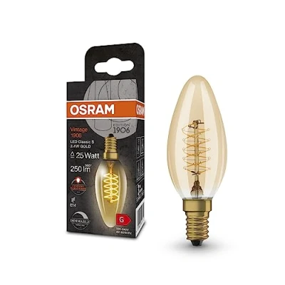 Abbildung von OSRAM Vintage 1906 LED Lampe mit Gold Tönung, 3,4W, 250lm, klassische Kerzenlampe (Classic B) E14 Sockel, warmweiße Lichtfarbe, spiralförmiges Filament, dimmbar, bis zu 15.000 Std; Lebensdauer