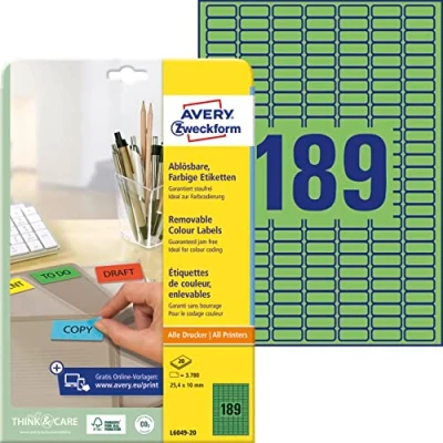 Abbildung von AVERY Zweckform L6049 20 Grüne Etiketten (3.780 Aufkleber, 25,4x10mm auf A4, wieder rückstandsfrei ablösbar, selbstklebende Farbetiketten, Papier matt, bedruckbare, farbige Klebeetiketten) Blatt