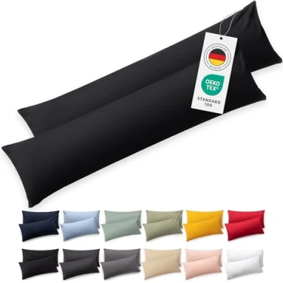Abbildung von Blumtal Seitenschläferkissen Bezug 40 x 145 (2er Set Kissenbezüge) Schwarz 100% Baumwolle, Oeko Tex Zertifiziert, Kissenbezug für Seitenschläferkissen, Kissenhülle mit Reißverschluss