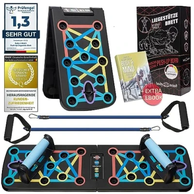 Abbildung von Body &amp; Mind® Push Up Liegestütz Brett; Faltbares Multifunktions Elite Rack Fitness Board für Ganzkörper Training Effektive Liegestützen; Griffe mit Gratis Trainingsbänder E Book