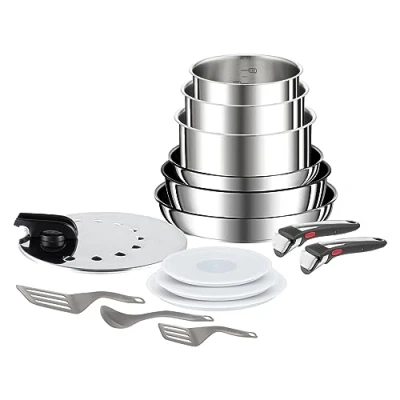 Abbildung von Tefal L97495 Ingenio Preference On 15 teiliges Kochgeschirrset stapelbar Antihaftversiegelung induktionsgeeignet Thermo Signal Temperaturanzeiger Edelstahl, Groß