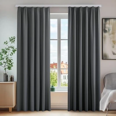 Abbildung von Deconovo Vorhänge Kräuselband Gardinen Schlafzimmer Verdunkelungsvorhang Schallschutz Winter, 138x140 cm(HöhexBreite), Dunkelgrau, 2er Set