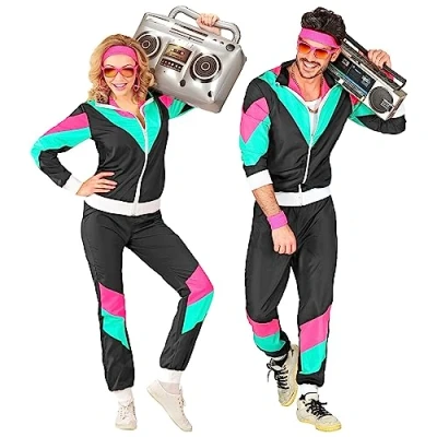 Abbildung von W WIDMANN MILANO Party Fashion Kostüm Trainingsanzug, schwarz, 80er Jahre Outfit, Jogginganzug, Bad Taste Outfit