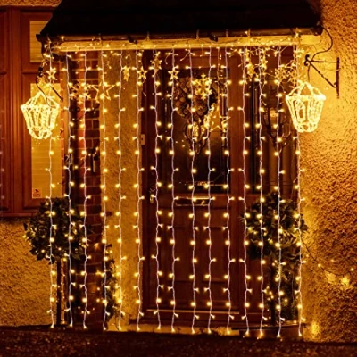 Abbildung von SALCAR 6m x 3m LED Lichtervorhang Außen Weihnachten, Lichterkette Vorhang Innen mit 8 Modi und Memory, Weihnachtsbeleuchtung Outdoor Garten, Warmweiß