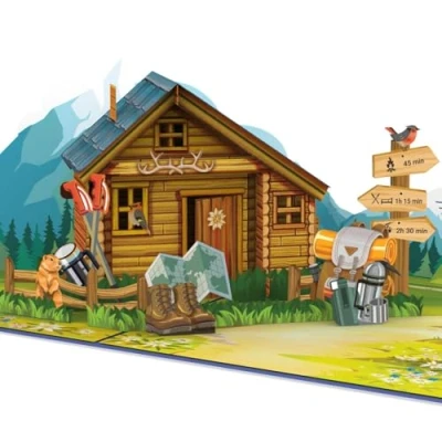 Abbildung von papercrush® Pop Up Karte Berghütte Gutschein für Wandern &amp; Klettern, 3D Geburtstagskarte Wanderurlaub, Reise Urlaub in den Bergen, Wanderung oder Bergsteigen Gutscheinkarte Wanderschuhe