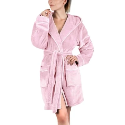 Abbildung von Gräfenstayn Bademantel Damen flauschig mit Kapuze Kuschelfleece Öko Tex Standard 100 Morgenmantel leicht &amp; kurz Größe (S, Rosa)
