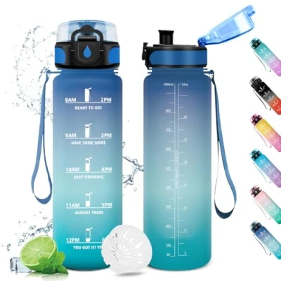Abbildung von Wasserflasche 1L, Trinkflasche Auslaufsicher, Sport mit Zeitmarkierung, Filter, Kohlensäure Geeignet, Sportflasche für Fitnessstudio, Oudoor, Schule, Sprudel