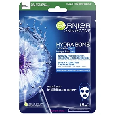 Abbildung von Garnier Tuchmaske Nacht, Gesichtsmaske für müde und empfindliche Haut, Regenerierend feuchtigkeitsspendend, Mit Hyaluronsäure, Tiefesswasser Kornblumen Extrakt, Hydra Bomb, 28 g