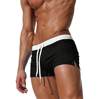 Abbildung von TMEOG Badeshorts für Herren Badehose Kurz Badehosen Männer Eng Schwimmhose Boxer Badepants Wassersport Kurze Hose Schnelltrocknende Strandshorts mit Reissverschluss (EU S/Tag M, Schwarz)