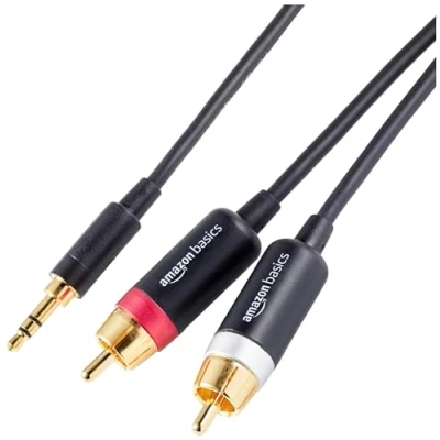 Abbildung von Amazon Basics 3.5 Aux auf 2 RCA Adapter Audiokabel für Verstärker, aktive Lautsprecher mit vergoldeten Steckern, 1.2 m, Schwarz