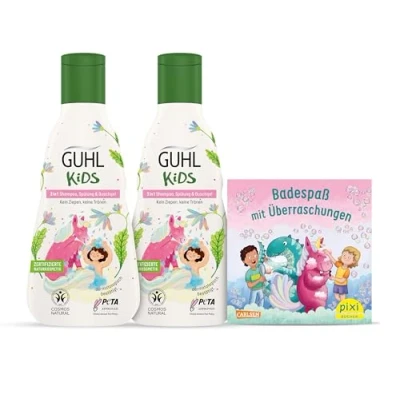 Abbildung von Guhl Kids Einhorn Vorteils Set 2x 3 in 1 Shampoo, Spülung &amp; Duschgel, 250ml + 1x Pixi Buch Speziell für Kinder entwickelt Kein Ziepen Cosmos Natural zertifiziert