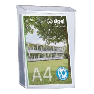 Abbildung von SIGEL LH325 Wetterfester DIN A4 Prospekthalter, Prospektbox mit Deckel, für den Außeneinsatz, aus Acryl, außen wetterfest draußen, große Fülltiefe
