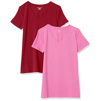 Abbildung von Amazon Essentials Damen Kurzärmeliges T Shirt mit V Ausschnitt, Klassischer Schnitt, 2er Pack, Burgunderrot/Rosa, XL