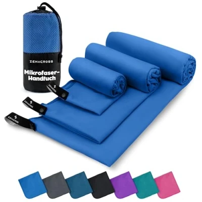 Abbildung von ZENACROSS Mikrofaser Handtuch 3er Set mit Transportbeutel Schnelltrocknendes und vielseitiges Fitness Sporthandtuch Größen XS, S, M Blau