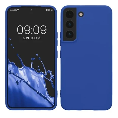 Abbildung von kwmobile Hülle kompatibel mit Samsung Galaxy S22 weiches TPU Silikon Case Cover geeignet für kabelloses Laden Baltik Blau