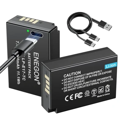 Abbildung von ENEGON LP E17 Typ C Ladegerät Port Akkus 1500 mAh für Canon Rebel SL2, T6i, T6s, T7i, EOS R10, R8, RP, R50, R100, M3, M5, M6, 200D, 250D, 77D, 750D, 760D, 800D, 8000D, Kiss X8i, RP Digital SLR Camera