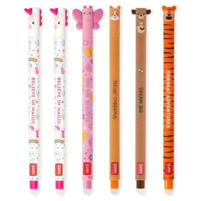 Abbildung von LEGAMI Set mit 6 radierbaren Gelstiften thermoempfindlicher Radiertinte, verschiedene Tintenfarben und Schaftdesigns, 0,7 mm Spitze, Einhorn, Schmetterling, Corgi, Teddybär, Tiger Designs