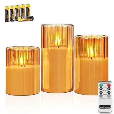 Abbildung von Rhytsing 3 Gold LED Kerzen im Glas mit Timerfunktion, Riffelglas Flammenlose Fernbedienung und Batterien Enthalten, H 10/12,5/15cm