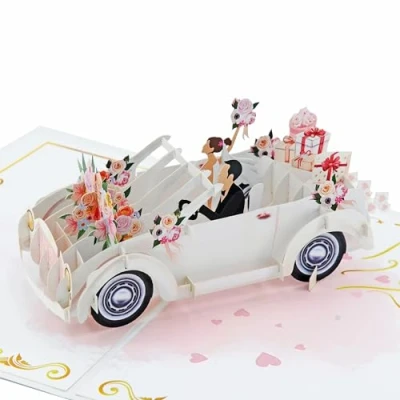 Abbildung von Favour Pop Up® Hochzeitskarte 3D Hochzeitsauto handgefertigte Karte zur Hochzeit Geldgeschenk für Flitterwochen Glückwunschkarte