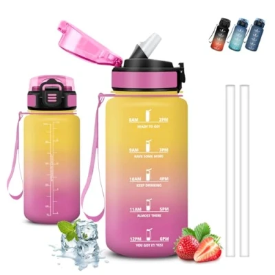 Abbildung von Trinkflasche 0.5l Kinder, mit Strohhalm, Leicht zu Reinigen, Auslaufsicher, Kann dir Tragen, Zeitmarkierung, Flasche für Schule, Camping
