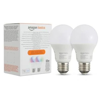 Abbildung von Amazon Basics Smarte A60 LED Glühbirne, farbenwechselnd, E27, 2,4 GHz WLAN, 8 W (entspricht 60 W), funktioniert nur mit Alexa, 1 Stück