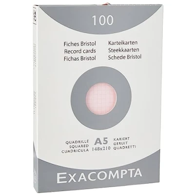 Abbildung von Exacompta 13238E Packung (mit 100 Karteikarten, ungelocht DIN A5, 148 x 210 mm, 205 g, kariert, ideal für die Schule) 1er Pack rosa