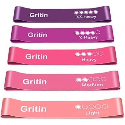 Abbildung von Gritin Fitnessbänder [5er Set] Widerstandsbänder mit 5 Stufen, 100% Latex Fitnessband Resistance Terra Bands Deutscher Übungsanleitung &amp; Tragebeutel, Gymnastikband für Muskelaufbau, Yoga, Pilates
