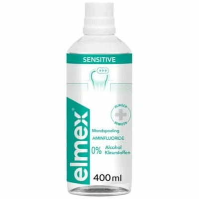 Abbildung von Elmex Sensitive Original Mundspülung 3 x Schutz gegen Karies Fluorid aus Aminen ohne Farbstoffe Linderung der Empfindlichkeit Zähne vollständige Mundpflege in 30 Sekunden