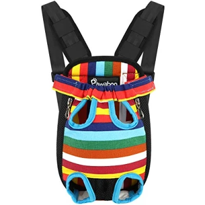 Abbildung von Pawaboo Haustier Rucksack Hund Tragetasche, Verstellbar Beinen heraus Rucksäcke Tragbar Reisetasche, Atmungsaktiv und Bequem Speziell für Klein Mittler Hunde Katzen Welpen L Regenbogen