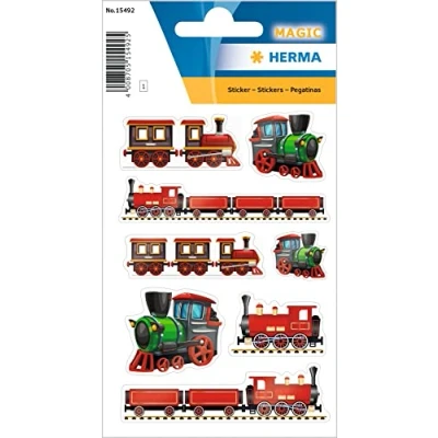 Abbildung von HERMA 15492 Aufkleber Züge klein groß, 8 Stück, Fahrzeuge Sticker mit Eisenbahn Lokomotive Motiv, Kinder Etiketten für Fotoalbum Tagebuch Poesiealbum Scrapbooking Geburtstag Deko Briefe DIY Basteln