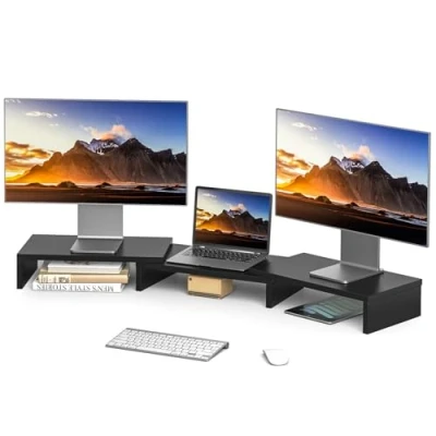 Abbildung von Rfiver Monitorständer Monitor Stand Bildschirmerhöhung Holz Dual Unterbau Bildschirm Laptop Ständer Tisch Erhöhung für 2 PC Notebook Computer Swivel Länge Justierbar (840 1232)*235 * 95mm Schwarz