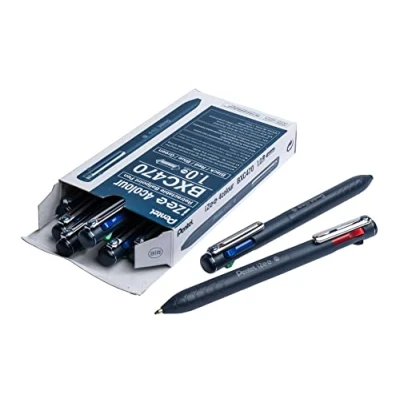 Abbildung von Pentel BXC470 DC 4 Farben Kugelschreiber iZee, Farbauswahl (schwarz/rot/blau/grün) über seitliche Drücker in Schreibfarbe, 0,5 mm Strichstärke, nachfüllbar, 12 Stück
