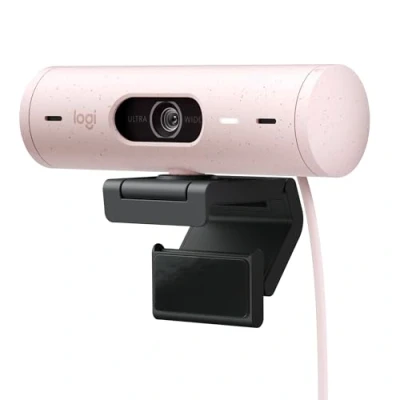 Abbildung von Logitech Brio 500 Full HD Webcam mit Auto Lichtkorrektur, Zeigemodus, Doppelmikrofon + Rauschunterdrückung, Abdeckung, für Microsoft Teams, Google Meet, Zoom, USB C Kabel Rosa