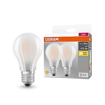 Abbildung von OSRAM BASE CLASSIC A GLFR 40 LED Lampe mit Sockel E27, klassische Kolbenform, Doppelpack, 4W, 470lm, 2700K, warmweißes Licht, geringe Wärmeentwicklung, lange Lebensdauer, geringer Energieverbrauch