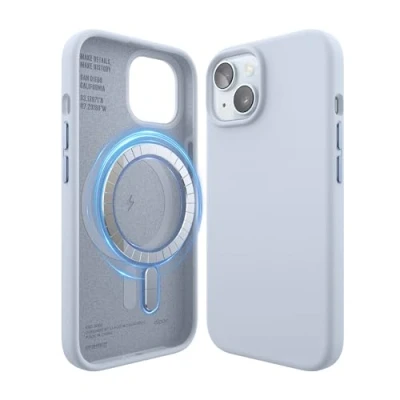 Abbildung von elago Magnetische Silikonhülle Kompatibel mit iPhone 15 Hülle, MagSafe Alles Zubehör, Integrierte Magnete, Premium Silikon, Ganzkörper Schutzhülle [5 Lagige Struktur] (Hellblau)