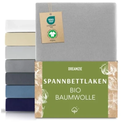 Abbildung von Dreamzie Premium Spannbettlaken 120x200 cm bis 130x200 Grau, Spannbetttuch aus 100% Jersey Biobaumwolle, 150 g/m² Oeko TEX