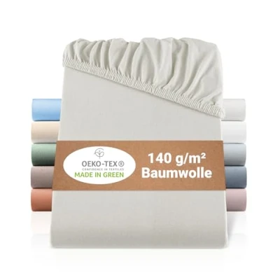 Abbildung von BaSaTex Bio Jersey Spannbettlaken 180x200 cm Spannbetttuch aus 100% Baumwolle GOTS Zertifiziert 200x200 Farbe: Natur