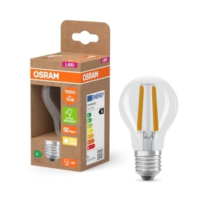 Abbildung von Osram LED Superstar Classic Lampe A 75 in klassischer Kolbenform, klarer Glaskörper, 5 W, 1055 lm, E27 Fassung, 2700 K für warmweißes Licht, EEK A, 60 mm Durchmesser.