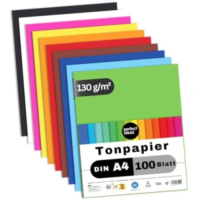 Abbildung von perfect ideaz 100 Blatt Tonpapier DIN A4, 10 Farben, 130 g/m², Made in Germany, Blauer Engel zertifiziert