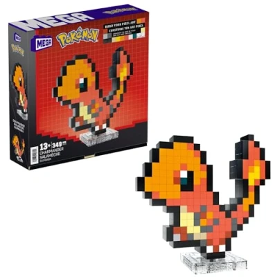 Abbildung von MEGA Pokémon Glumanda zusammenbaubare Figur im Retro Look, Pixel Art, inklusive Basis zur Wandmontage, für Erwachsene Baumeister und Sammler, HTH76