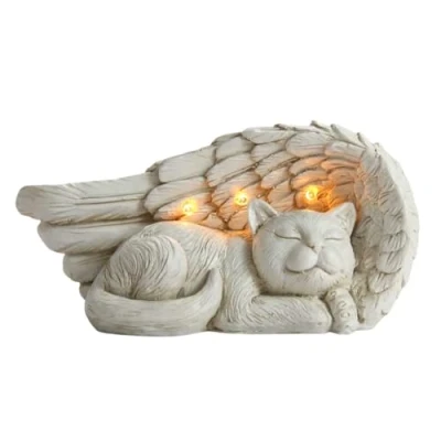 Abbildung von Festive Lights Geschmackvoll und liebevoll gestalteter Gedenkstein mit solarbetriebener LED Beleuchtung inkl. Akkus, integrierten Solarpaneelen Dämmerungsschalter (Engelsflügel Katze)