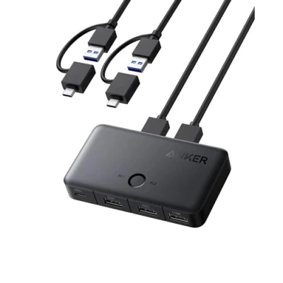 Abbildung von Anker USB 3.0 Switch, einfacher One Click Switch für 2 Laptops, A Kabel mit Anschlüssen, 3 Ports, 5 Gbit/s High Speed Datentransfer Laptop, Tastatur, Maus und mehr