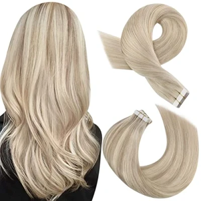 Abbildung von Moresoo Tape Extensions Echthaar Blond 55 cm Unsichtbare in Aschblond mit Platinblond #P18/613 Remy Haarverlängerungen Tapes Glatt Dicke Haare 20 Stück 50 Gramm