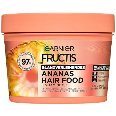 Abbildung von Garnier Fructis Ananas Haarmaske, Für langes und glanzloses Haar, mehr Geschmeidigkeit gegen Weniger Spliss, Extra Lipidkomplex, Bio Extrakt, Ohne Silikone, Hair Food, 3in1, 400ml